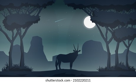 Hand Drawn Flat Silhouette Landscape at Night with Moose Staring at Moon