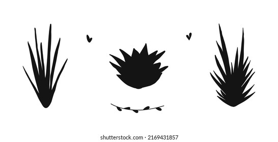 Hand drawn flat silhouette set of houseplant isolated on white background