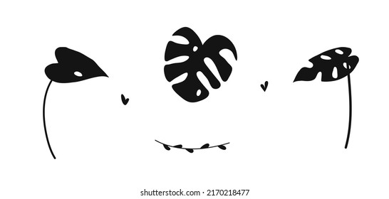 Hand drawn flat silhouette set of houseplant isolated on white background