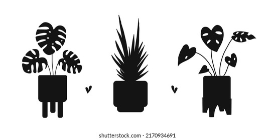 Hand drawn flat silhouette set of potted houseplant isolated on white background