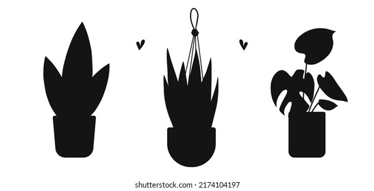 Hand drawn flat silhouette set of potted houseplant isolated on white background