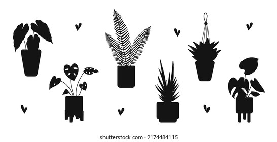 Hand drawn flat silhouette set of potted houseplant isolated on white background