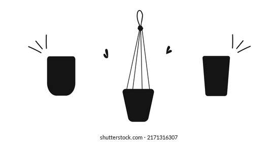 Hand drawn flat silhouettes of flowerpot isolated on white background