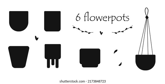 Hand drawn flat silhouettes of flowerpot isolated on white background
