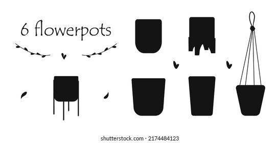 Hand drawn flat silhouettes of flowerpot isolated on white background