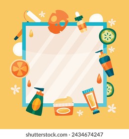 Hand drawn flat skincare frame background with skin products