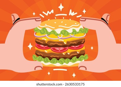 Burger de esmagamento plano desenhado à mão com mãos Ilustração