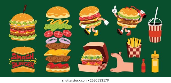 Conjunto original do hambúrguer de esmagamento plano desenhado à mão