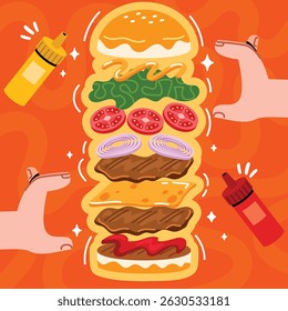 Desenhado à Mão Plano Esmagamento hambúrguer Ingrediente ilustração