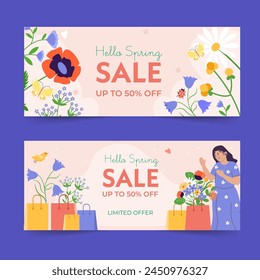 Hand drawn flat spring sale horizontal banner template collection