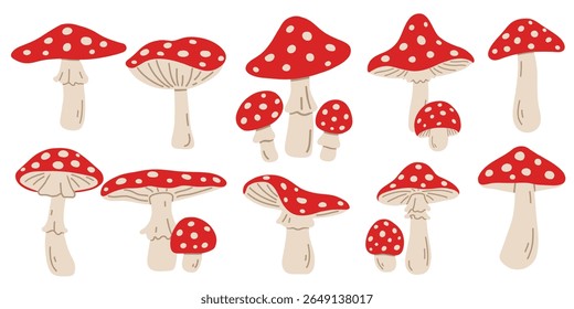Hand drawn in flat style Agaric Mushrooms. Amanita Muscaria, Mushrooms Collection, Red Mushrooms, Magic Mushroom Set. Different shape and size mushrooms. Perfect for autumn, forest, and fairytale them