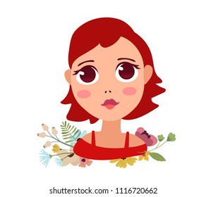 Hand drawn flat style color head of girl for avatar profile, t-shirt print, web, site, card. Vector illustration of portrait of a beautiful sad girl with big eyes, red blouse and flower on white