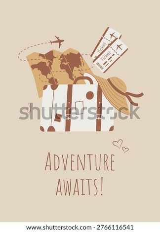 Hand drawn flat style postcard with suitcase, hat, tickets and map with the text Adventure awaits. Vintage color palette with rough edges. Vector design for travel invitations, wanderlust content.