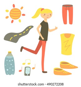 Hand drawn flat style running woman. Sport objects set including shorts, t shirt, sun, road, water bottle, aphone. Sport objects icons