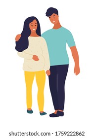 Hand drawn flat style vector illustration. Pregnant woman is walking with her husband, friend, brother or partner. Happy family, lovers, friends concept.