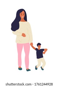 Hand drawn flat style vector illustration. Pregnant woman is walking with a little boy or her son. Many children, sibling concept. Expecting of a child.