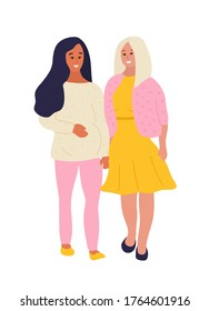 Ilustración vectorial de estilo plano dibujada a mano. La mujer embarazada está caminando con su esposa, novia, hermana o pareja. LGBT, lesbiana, homosexual, familia feliz, amor, concepto de amigos.