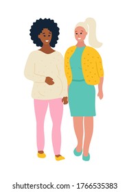 Hand drawn flat style vector illustration. Black african Pregnant woman is walking with her white caucasian wife, girlfriend, sister or partner. LGBT, lesbian, homosexual, Happy family