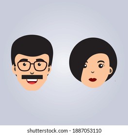 Hand drawn flat style vector illustration of man and woman. male and female faces avatar on grey background.