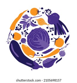 Hand drawn flat style vector vegetables and berries. Background with eggplant, onion, carrots, tomatoes and cabbage in purple and orange colors. Healthy vegan fresh menu, cooking ingredients.