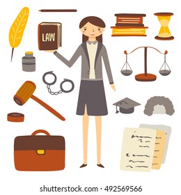 Hand drawn flat style woman lawyer and attorney objects collection including feather, book, sand clock, pen, paper, knowledge hat, judge wig, bag, gavel . Objects, icons set for lawyer
