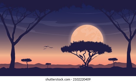 Hand Drawn Flat Sunset Wildlife Landscape with tigers Climbing Tree