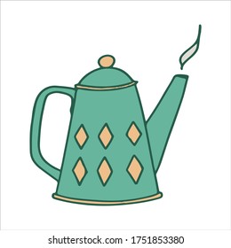 Hand drawn flat teapot. Cartoon vector kettle illustration. Design element, perfect for postcard, posters, web sites, coffee shop menu, tea store logo, print for merch