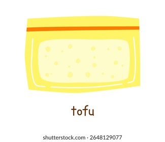 Hand drawn flat tofu in plastic package isolated on white background. Plant based protein. Vegan raw soy cheese.