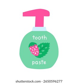 Hand drawn flat tooth paste in dispenser bottle with strawberry and mint isolated on white background. Hand written text.