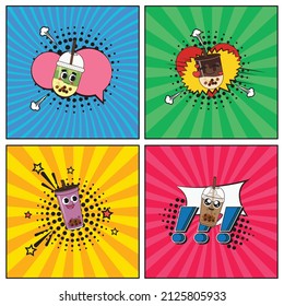 Hand drawn flat trendy cartoon elements collection Bubble milk tea