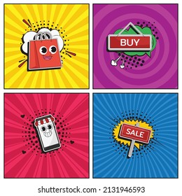 Kollektion von handgezeichneten, flachen, trendigen Cartoon-Elementen aus dem E-Commerce