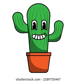 Hand drawn flat trendy smiling cactus cartoon elements
