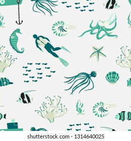 Hand drawn flat underwater world. Vector illustration for banners, greeting card, poster design.