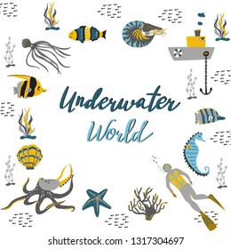 Hand drawn flat underwater world. Vector illustration for banners, greeting card, poster design