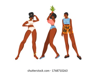 Hand drawn flat vector abstract stock graphic illustration collection set with young happy black afro american, beauty females in swimsuit and beach hat isolated on white background