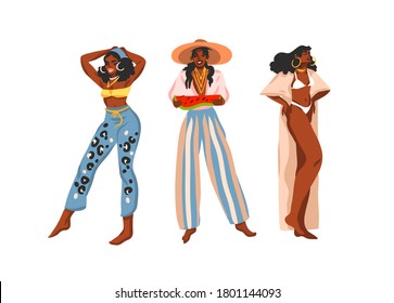 Hand drawn flat vector abstract stock graphic illustration collection set with young happy positive black african american, beauty females in summer outfits isolated on white background