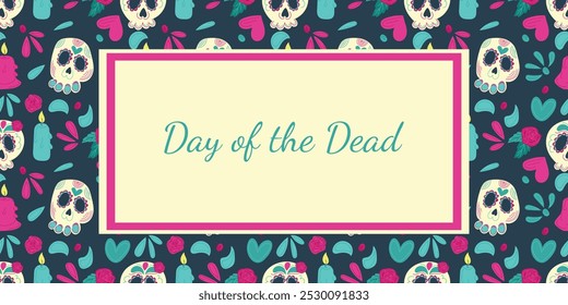 Hand drawn flat vector banner with Dia de los Muertos illustrations with decorated skulls, roses, candles, and festive elements on a dark background. Perfect for promotions. Print flyer, Greeting card