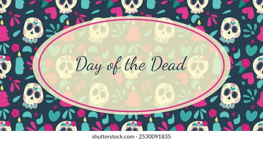 Hand drawn flat vector banner with Dia de los Muertos illustrations with decorated skulls, roses, candles, and festive elements on a dark background. Perfect for promotions. Print flyer, Greeting card