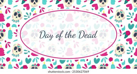 Banner de vetor plano desenhado à mão com Ilustrações Dia de los Muertos com crânios decorados, rosas, velas e elementos festivos em um fundo escuro. Perfeito para promoções. Imprimir folheto, Cartão comemorativo