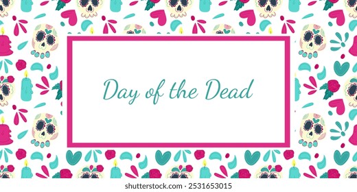 Hand drawn flat vector banner with Dia de los Muertos illustrations with decorated skulls, roses, candles, and festive elements on a white background. Perfect for promotions. flyer, greeting card