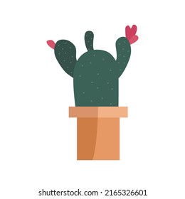 Hand drawn flat vector cactus and flower in the potted. Plants illustration isolated on white background.