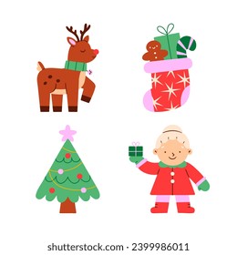 Hand drawn flat vector christmas collection. Images of a tree, a deer, a sock.