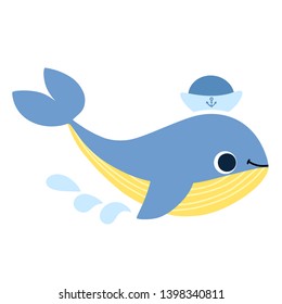 Hand drawn flat vector cute cartoon whale in sailor cap. Pretty blue dolphin isolated on white background. Underwater character for kids book, clothes, posters, print.