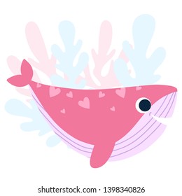 Hand drawn flat vector cute cartoon whale. Pretty pink dolphin on abstract background. Underwater character for girl, kids book, clothes, posters.