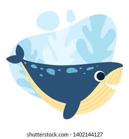 Hand drawn flat vector cute cartoon whale. Pretty blue dolphin on abstract background. Underwater character for kids book, clothes, posters.