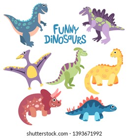 Hand drawn flat vector dinosaurs. Dino set: triceratops, t-rex, pteranodon, spinosaurus, stegosaurus, velociraptor, parasaurolophus. Collection prehistoric animals for print, posters, kids book.