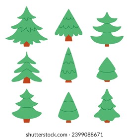 Hand drawn flat vector fir tree collection. Set of stylized Christmas trees illustrations