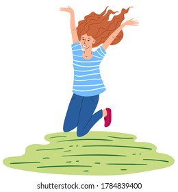 Hand drawn flat vector of happy young girl jumping in the park.