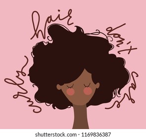 hand drawn flat  vector illustration of woman with dark curly hair and qoute - curly hair don't care