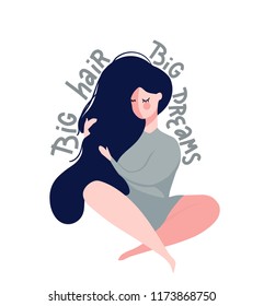 hand drawn flat  vector illustration of woman with long blue hair and qoute - big hair big dreams 